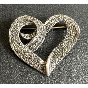 925 Marcasite Heart Brooch Vintage Sterling Silver Valentines Day Jewelry Pin